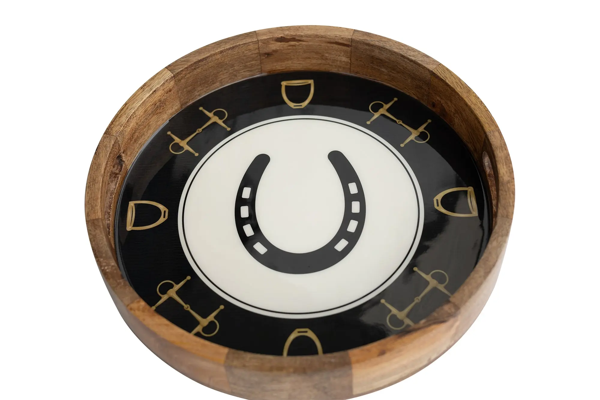 Huntley Equestrian Horsehoe and Bit Round Wooden Tray-Black and Gold Equestrian Home Decor - Image 2
