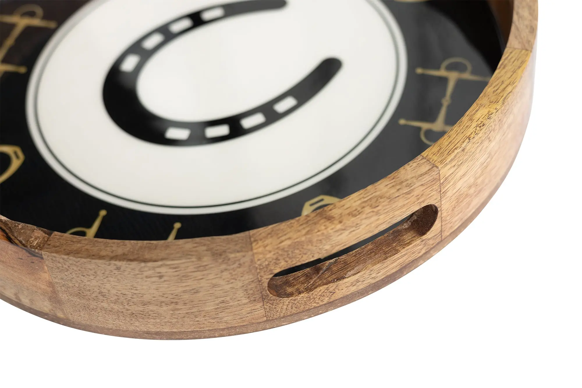 Huntley Equestrian Horsehoe and Bit Round Wooden Tray-Black and Gold Equestrian Home Decor - Image 3