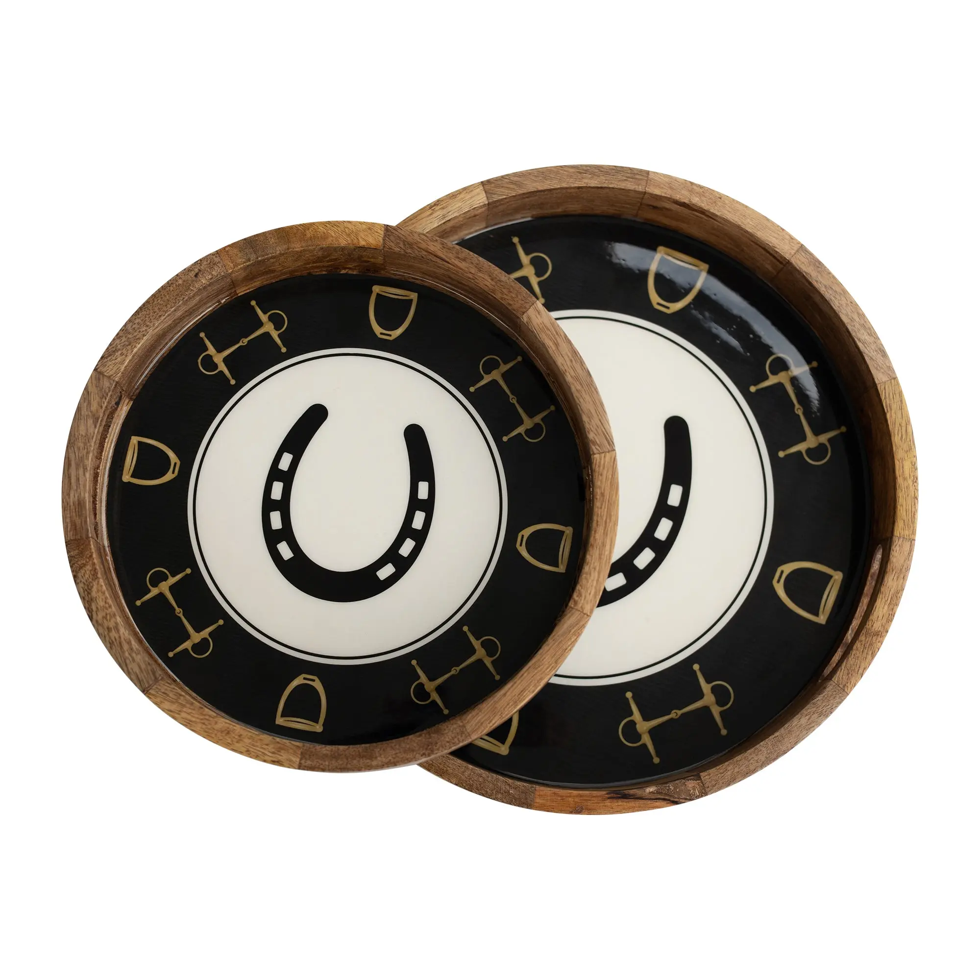 Huntley Equestrian Horsehoe and Bit Round Wooden Tray-Black and Gold Equestrian Home Decor - Image 4