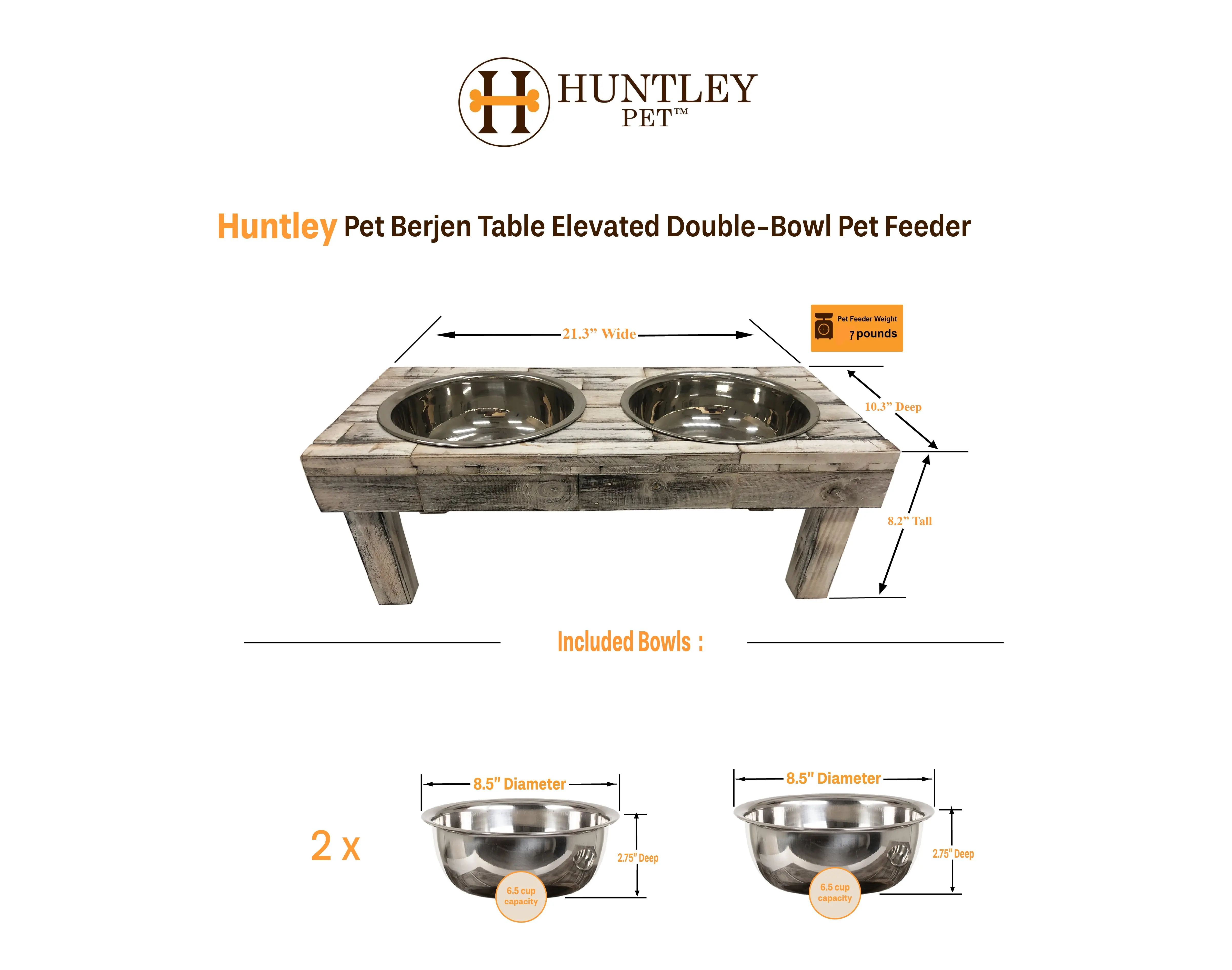 Huntley Pet Berjen Table Elevated Double Bowl Pet Feeder, Brown Wash - Image 9